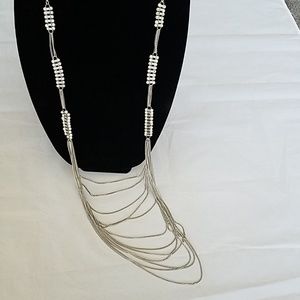 Long Multi-strand Silver and Pearl Necklace